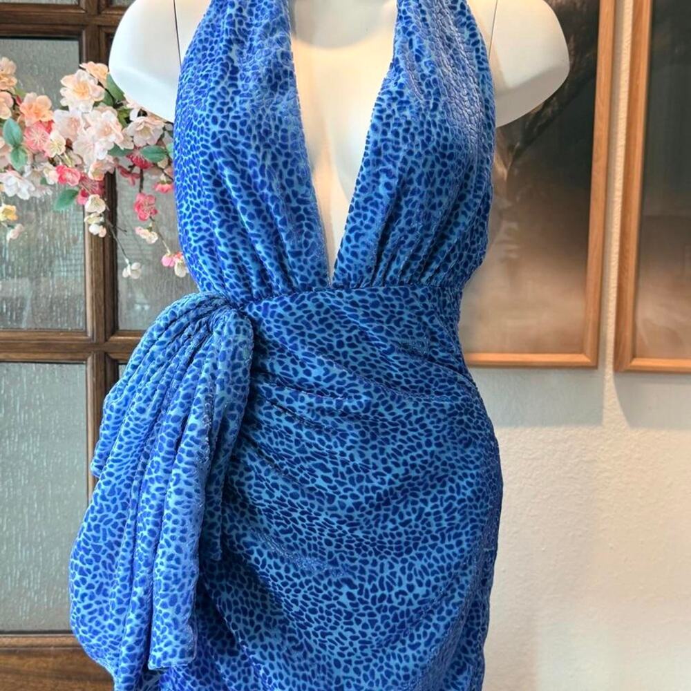 NBD Blue leopard print halter dress with tie waist